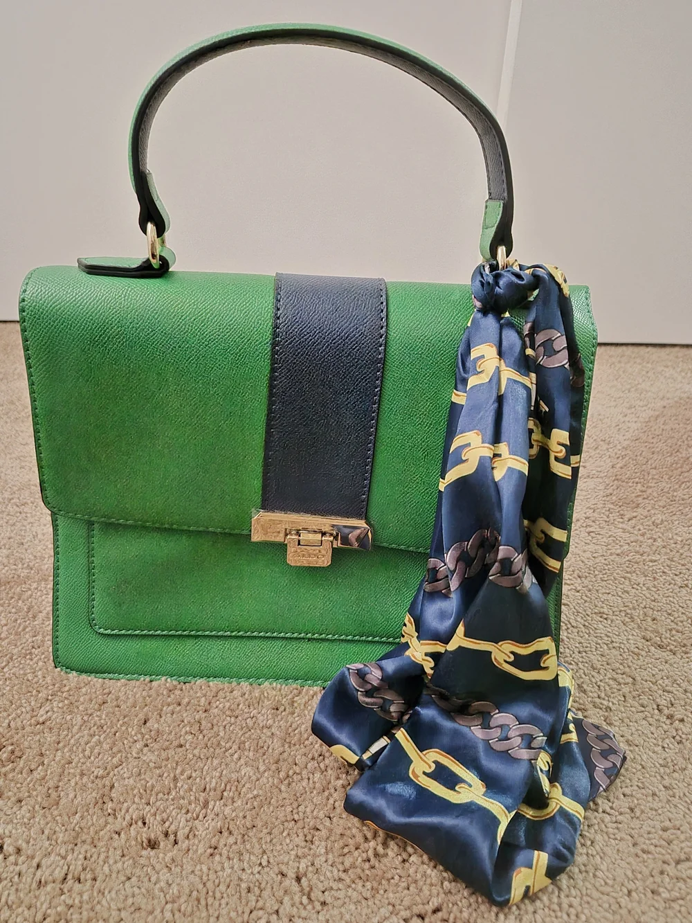 Green Top-Handle Satchel with Navy Accent and Gold Hardware